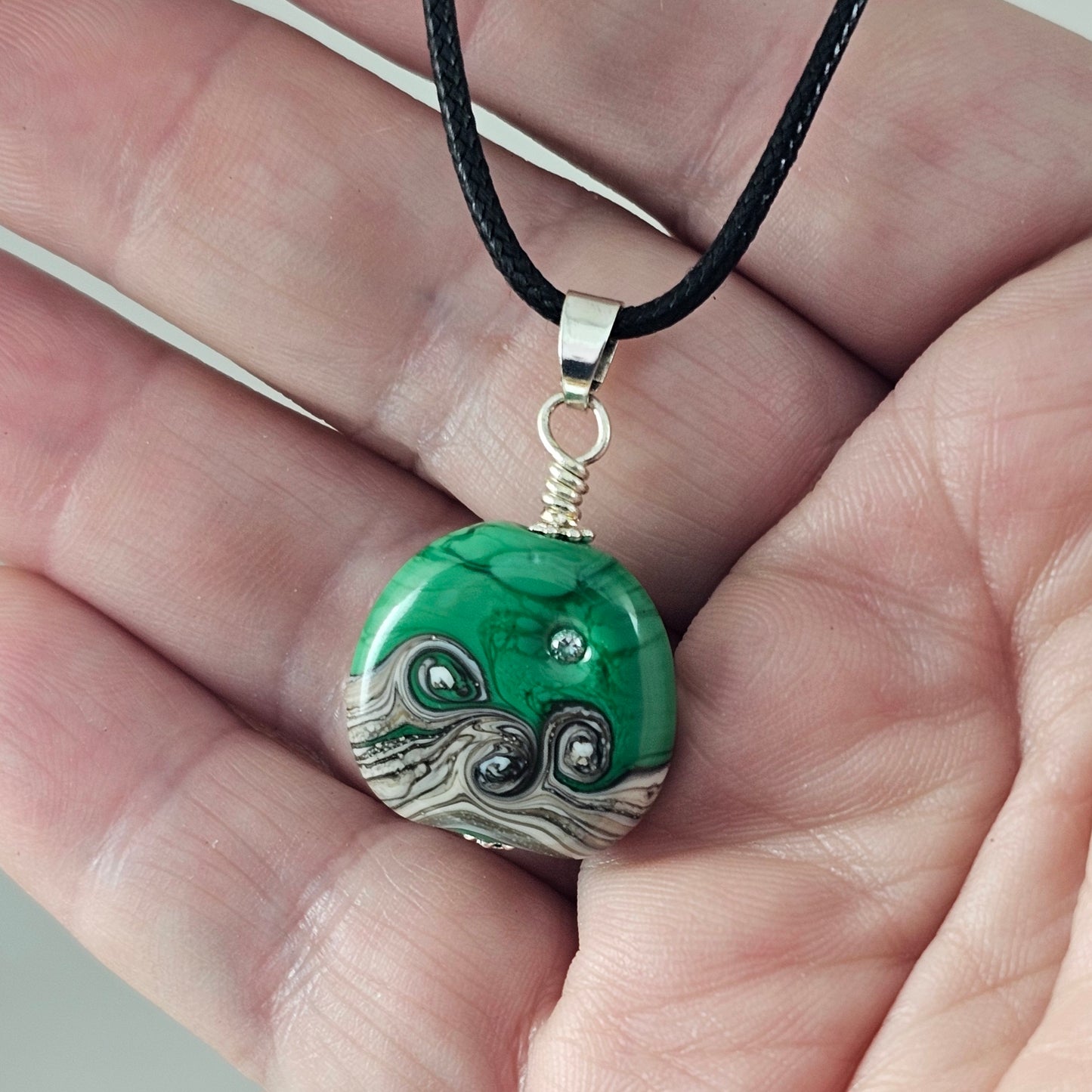 Hope small - Green Glass Pendant with Cubic Zirconia - Handmade Lampwork Strength Gift