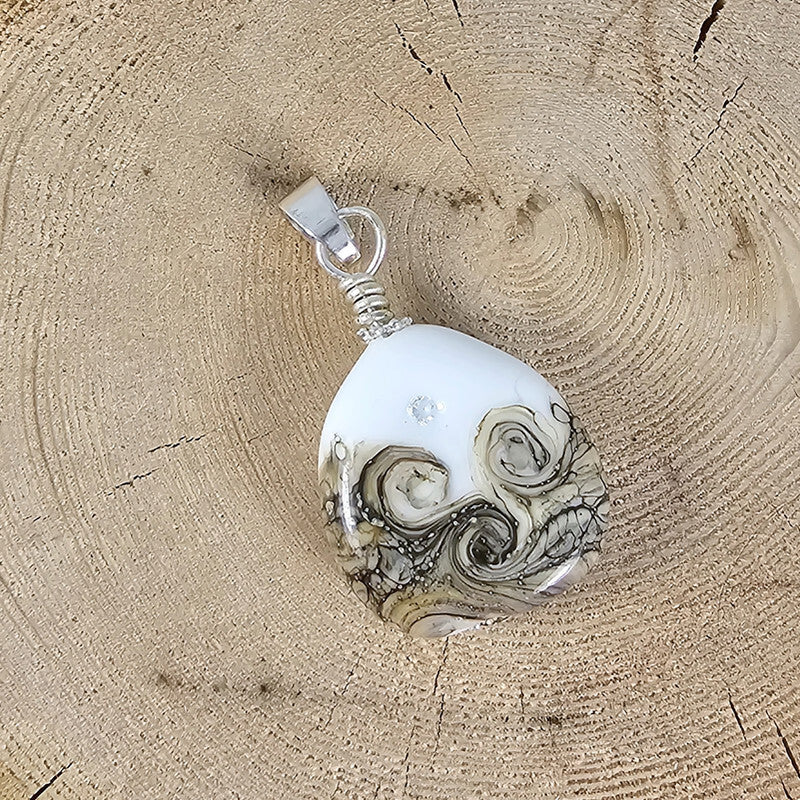 Hope small - Opaque White Glass Pendant with Cubic Zirconia - Minimalist Lampwork Jewelry