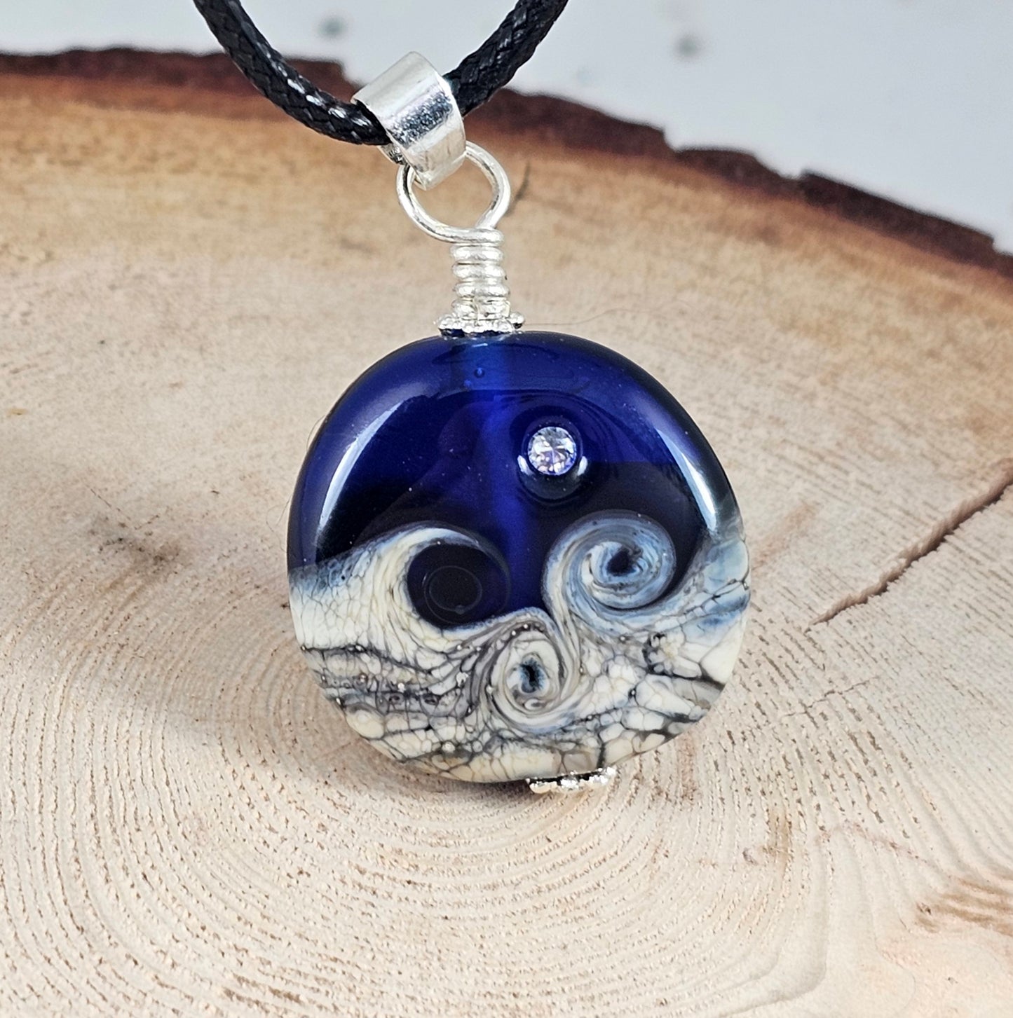 Hope small - Translucent Deep Blue Glass Pendant with CZ - Artisan Lampwork Statement Jewelry