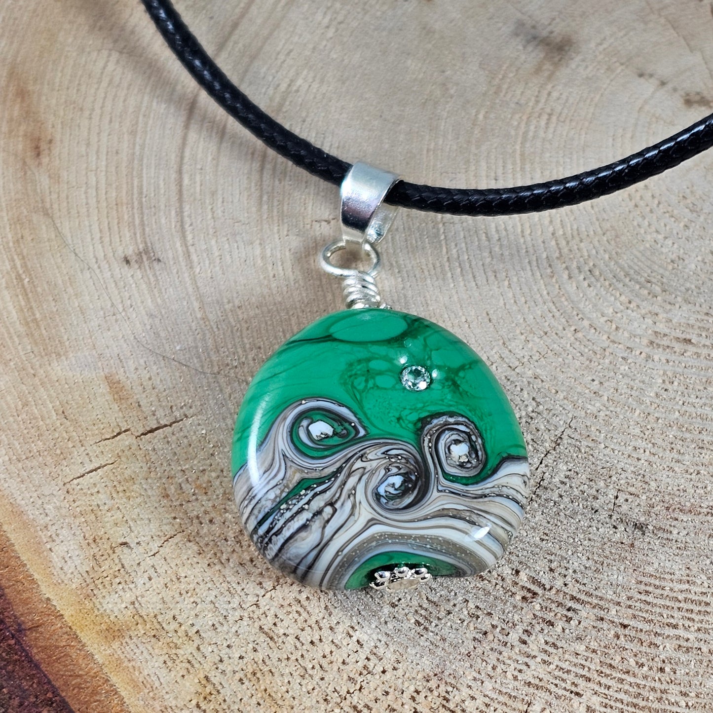 Hope small - Green Glass Pendant with Cubic Zirconia - Handmade Lampwork Strength Gift