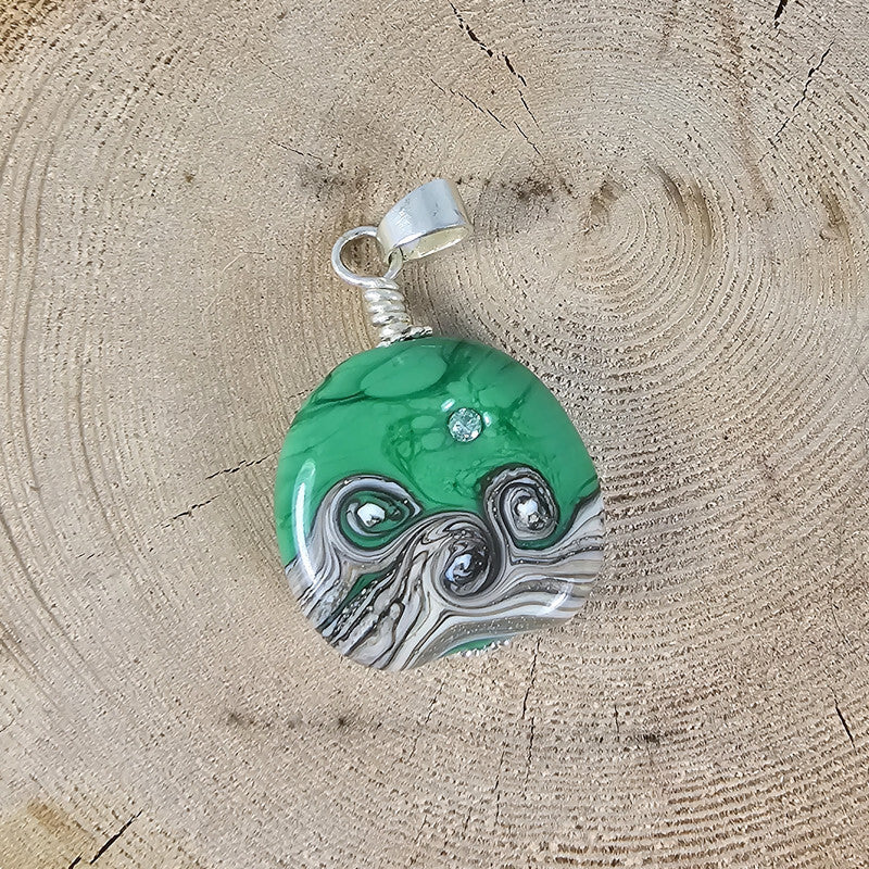 Hope small - Green Glass Pendant with Cubic Zirconia - Handmade Lampwork Strength Gift